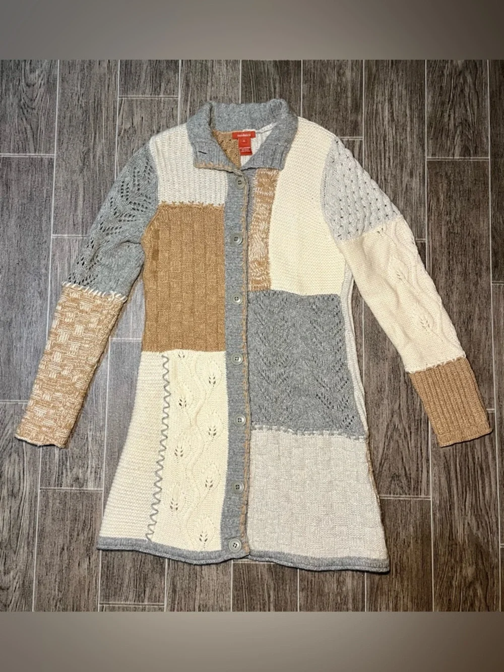 Sundance Patchwork Knit Duster Sweater Gray Tan Cream Lambswool Womens Small - Picture 1 of 8